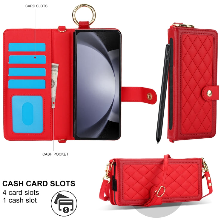 For Samsung Galaxy Z Fold5 Splicing Rhombic Texture Phone Case with Long & Short Lanyard, Not Included Pen(Red) - Galaxy Z Fold5 Cases by buy2fix | Online Shopping UK | buy2fix
