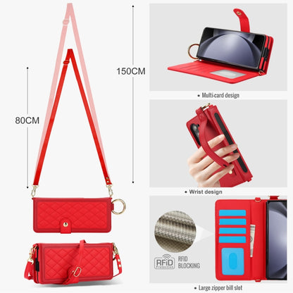 For Samsung Galaxy Z Fold5 Splicing Rhombic Texture Phone Case with Long & Short Lanyard, Not Included Pen(Red) - Galaxy Z Fold5 Cases by buy2fix | Online Shopping UK | buy2fix