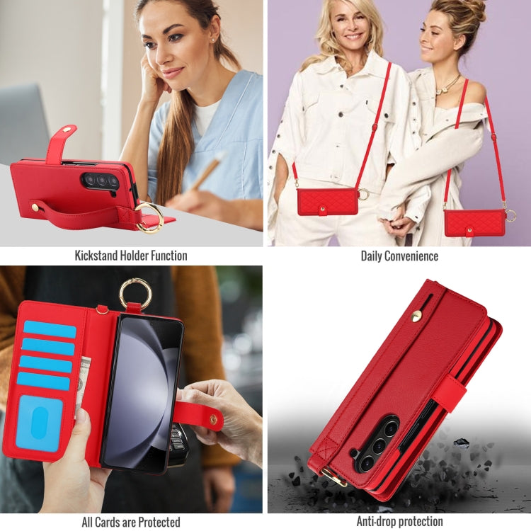 For Samsung Galaxy Z Fold5 Splicing Rhombic Texture Phone Case with Long & Short Lanyard, Not Included Pen(Red) - Galaxy Z Fold5 Cases by buy2fix | Online Shopping UK | buy2fix