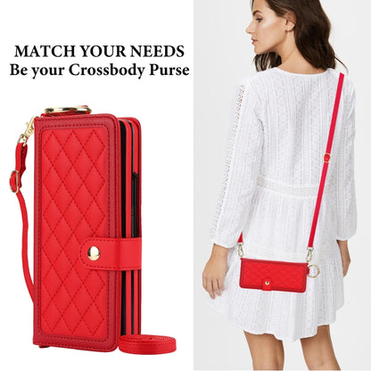 For Samsung Galaxy Z Fold5 Splicing Rhombic Texture Phone Case with Long & Short Lanyard, Not Included Pen(Red) - Galaxy Z Fold5 Cases by buy2fix | Online Shopping UK | buy2fix