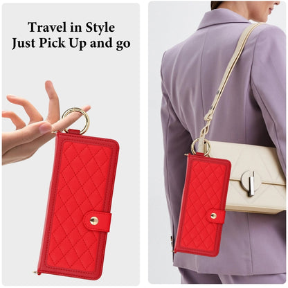 For Samsung Galaxy Z Fold5 Splicing Rhombic Texture Phone Case with Long & Short Lanyard, Not Included Pen(Red) - Galaxy Z Fold5 Cases by buy2fix | Online Shopping UK | buy2fix