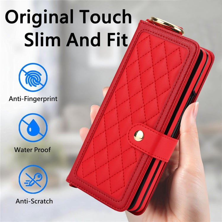 For Samsung Galaxy Z Fold5 Splicing Rhombic Texture Phone Case with Long & Short Lanyard, Not Included Pen(Red) - Galaxy Z Fold5 Cases by buy2fix | Online Shopping UK | buy2fix