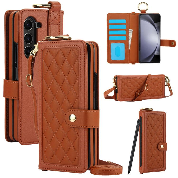 For Samsung Galaxy Z Fold5 Splicing Rhombic Texture Phone Case with Long & Short Lanyard, Not Included Pen(Brown) - Galaxy Z Fold5 Cases by buy2fix | Online Shopping UK | buy2fix
