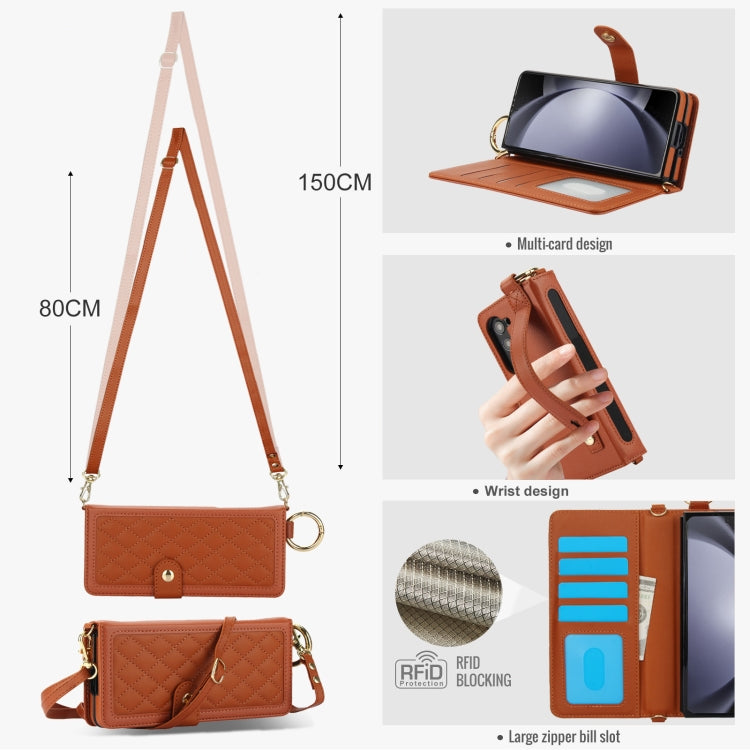 For Samsung Galaxy Z Fold5 Splicing Rhombic Texture Phone Case with Long & Short Lanyard, Not Included Pen(Brown) - Galaxy Z Fold5 Cases by buy2fix | Online Shopping UK | buy2fix