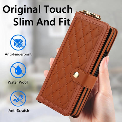 For Samsung Galaxy Z Fold5 Splicing Rhombic Texture Phone Case with Long & Short Lanyard, Not Included Pen(Brown) - Galaxy Z Fold5 Cases by buy2fix | Online Shopping UK | buy2fix