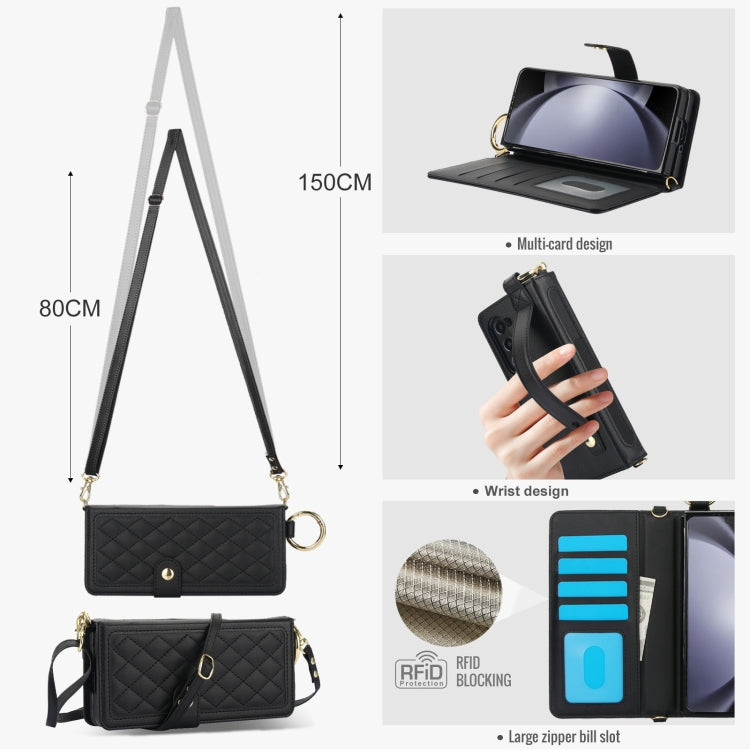 For Samsung Galaxy Z Fold6 Splicing Rhombic Texture Phone Case with Long & Short Lanyard, Not Included Pen(Black) - Galaxy Z Fold6 5G Cases by buy2fix | Online Shopping UK | buy2fix