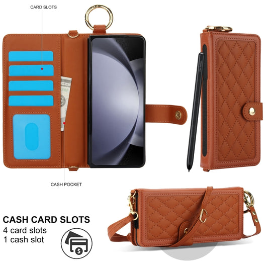 For Samsung Galaxy Z Fold6 Splicing Rhombic Texture Phone Case with Long & Short Lanyard, Not Included Pen(Brown) - Galaxy Z Fold6 5G Cases by buy2fix | Online Shopping UK | buy2fix