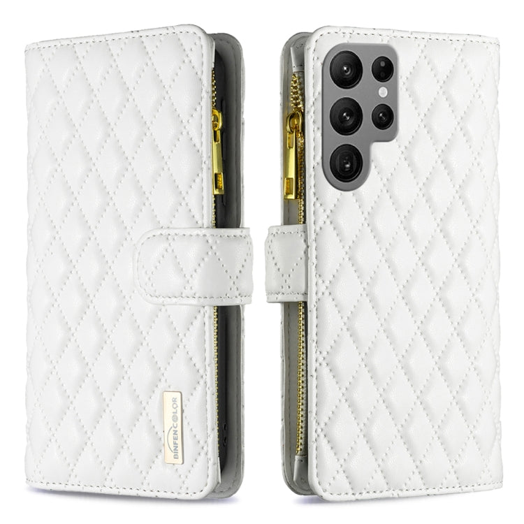 For Samsung Galaxy S25 Ultra 5G Diamond Lattice Zipper Wallet Leather Flip Phone Case(White) by buy2fix