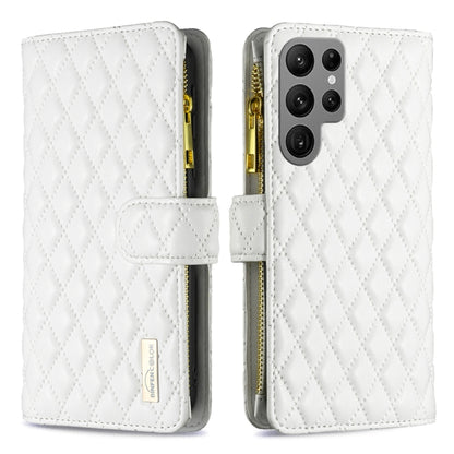 For Samsung Galaxy S25 Ultra 5G Diamond Lattice Zipper Wallet Leather Flip Phone Case(White) by buy2fix