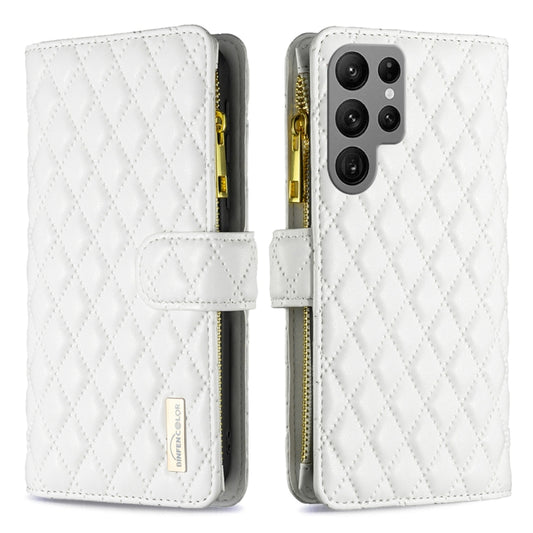 For Samsung Galaxy S25 Ultra 5G Diamond Lattice Zipper Wallet Leather Flip Phone Case(White) by buy2fix