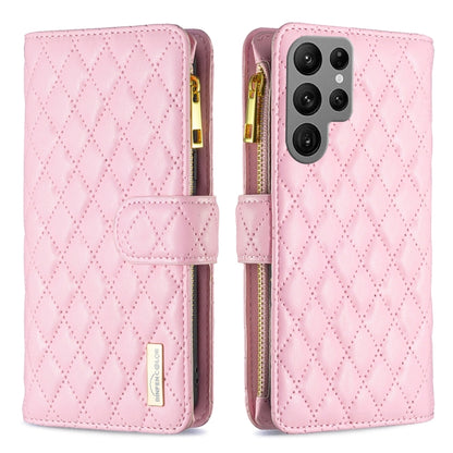 For Samsung Galaxy S25 Ultra 5G Diamond Lattice Zipper Wallet Leather Flip Phone Case(Pink) by buy2fix