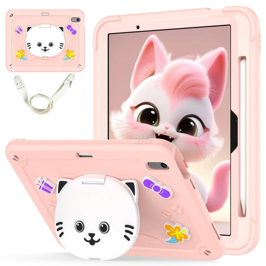 For iPad Air 11 2025 / 2024 Cat Holder Silicone Hybrid PC Tablet Case with Strap(Rose Pink) - iPad Air 11 2025 / 2024 Cases by buy2fix | Online Shopping UK | buy2fix