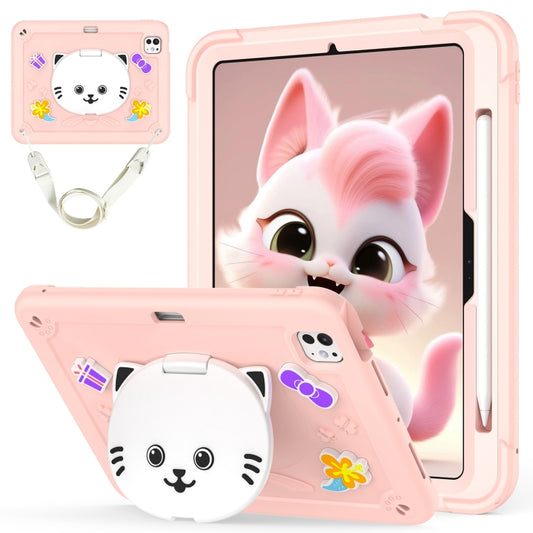For iPad Pro 11 2025 / 2024 Cat Holder Silicone Hybrid PC Tablet Case with Strap(Rose Pink) by buy2fix