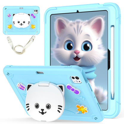 For iPad Pro 11 2025 / 2024 Cat Holder Silicone Hybrid PC Tablet Case with Strap(Sky Blue) by buy2fix