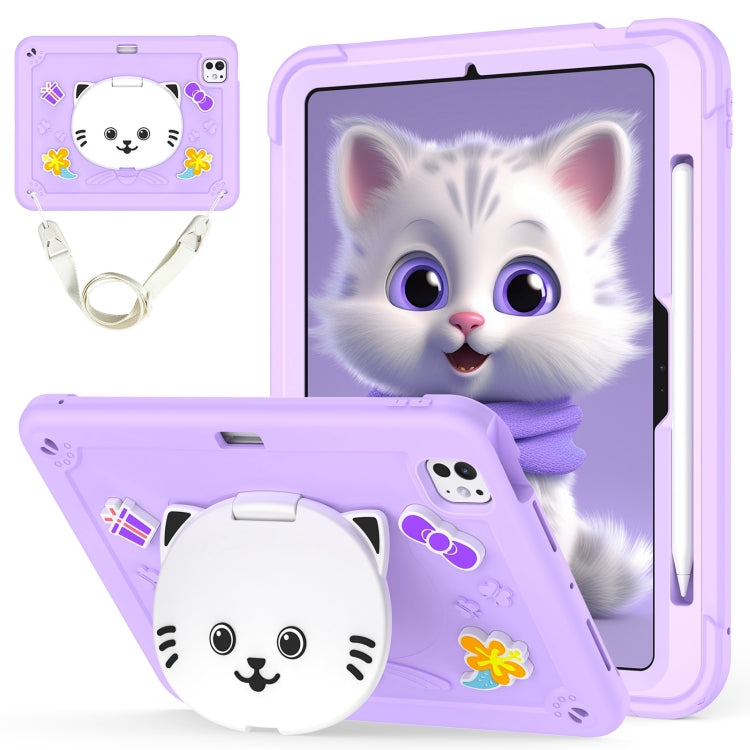 For iPad Pro 11 2025 / 2024 Cat Holder Silicone Hybrid PC Tablet Case with Strap(Purple) by buy2fix