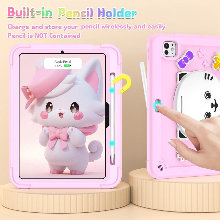 For iPad Pro 11 2025 / 2024 Cat Holder Silicone Hybrid PC Tablet Case with Strap(Cherry Blossom Pink) by buy2fix