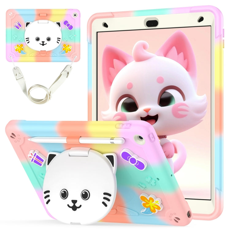 For iPad 10.2 2021 / 2020 / 2019 Cat Holder Silicone Hybrid PC Tablet Case with Strap(Colorful Rose Gold) - iPad 10.2 Cases by buy2fix | Online Shopping UK | buy2fix