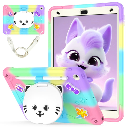 For iPad 10.2 2021 / 2020 / 2019 Cat Holder Silicone Hybrid PC Tablet Case with Strap(Colorful Purple) - iPad 10.2 Cases by buy2fix | Online Shopping UK | buy2fix