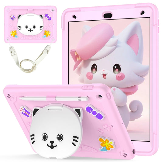 For iPad 10.2 2021 / 2020 / 2019 Cat Holder Silicone Hybrid PC Tablet Case with Strap(Cherry Blossom Pink) - iPad 10.2 Cases by buy2fix | Online Shopping UK | buy2fix