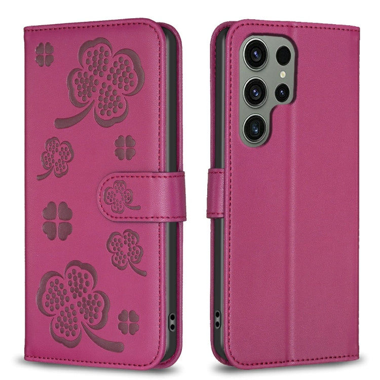 For Samsung Galaxy S25 Ultra 5G Four-leaf Embossed Leather Phone Case(Rose Red) by buy2fix