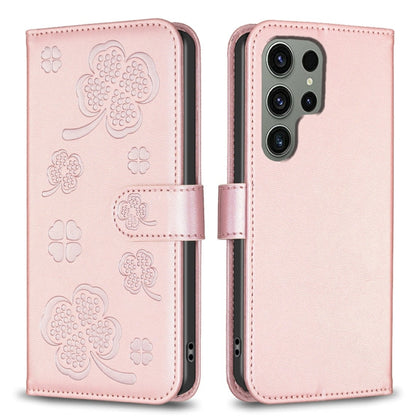 For Samsung Galaxy S25 Ultra 5G Four-leaf Embossed Leather Phone Case(Pink) by buy2fix