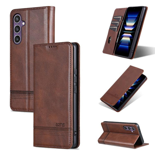 For Samsung Galaxy S25 FE 5G AZNS Magnetic Calf Texture Flip Leather Phone Case(Dark Brown)