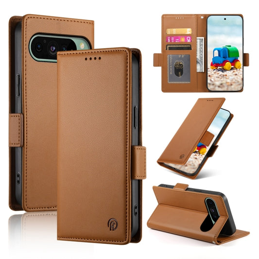 For Google Pixel 9 Side Buckle Magnetic Frosted Leather Phone Case(Brown) by buy2fix