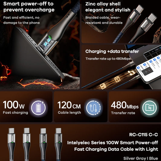 REMAX RC-C115 1.2m 100W Type-C to Type-C Smart Power-off Fast Charging Data Cable(Silver) - USB-C & Type-C Cable by REMAX | Online Shopping UK | buy2fix