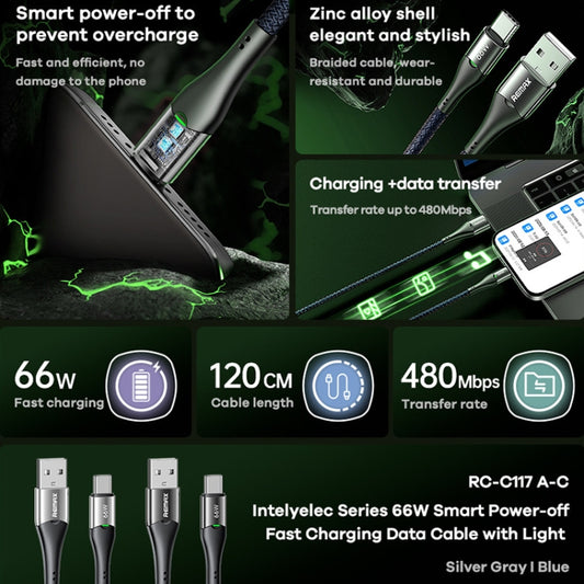 REMAX RC-C117 1.2m 66W USB to Type-C Smart Power-off Fast Charging Data Cable(Dark Blue) - USB-C & Type-C Cable by REMAX | Online Shopping UK | buy2fix