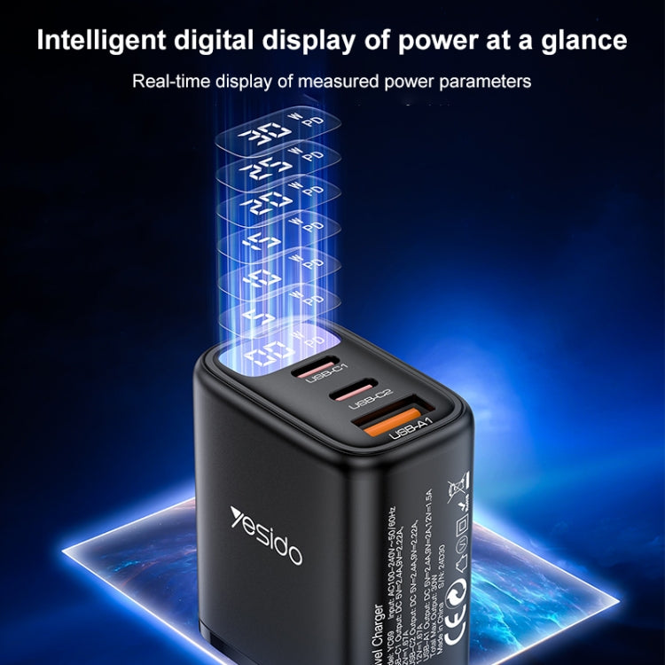 Yesido YC69 30W USB + Dual USB-C / Type-C Digital Display Charger, Specification:EU Plug(Black) - USB Charger by Yesido | Online Shopping UK | buy2fix