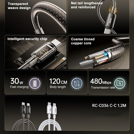 REMAX RC-C036 1.2m 30W Type-C to Type-C Transparent Braided Fast Charging Cable(Black) - USB-C & Type-C Cable by REMAX | Online Shopping UK | buy2fix