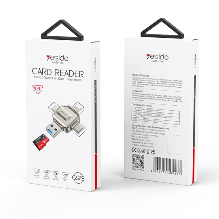 Yesido GS23 USB 3.0 to USB-C / Type-C, Micro USB, 8 Pin 4 in 1 Card Reader(Gold) - U Disk & Card Reader by Yesido | Online Shopping UK | buy2fix