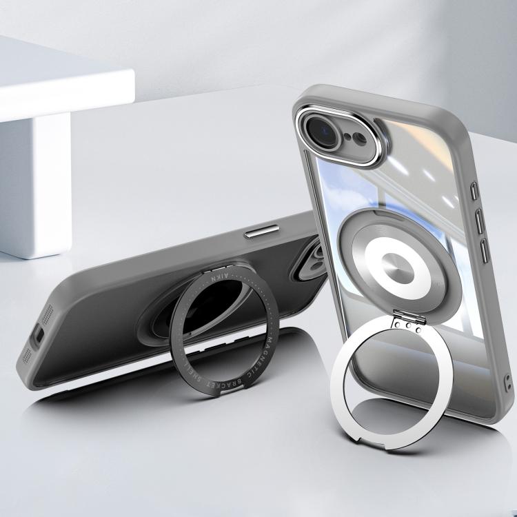 For iPhone 16e 360 Holder Magsafe Acrylic Hybrid TPU Phone Case(Frosted White) - iPhone 16e Cases by buy2fix | Online Shopping UK | buy2fix