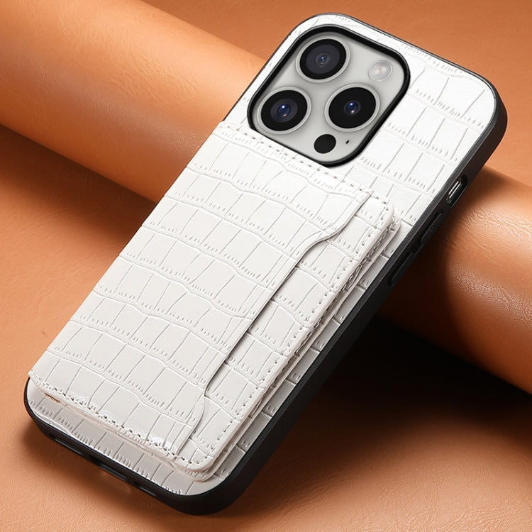 For iPhone 16 Pro Crocodile Texture Card Bag Design Full Coverage Phone Case(White) - iPhone 16 Pro Cases by buy2fix | Online Shopping UK | buy2fix