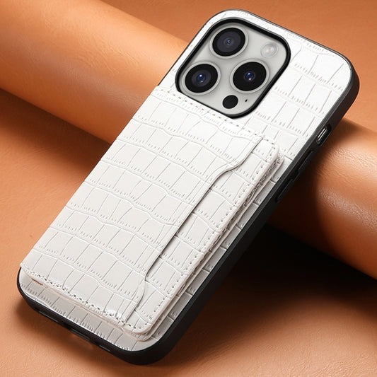 For iPhone 16 Pro Crocodile Texture Card Bag Design Full Coverage Phone Case(White) by buy2fix