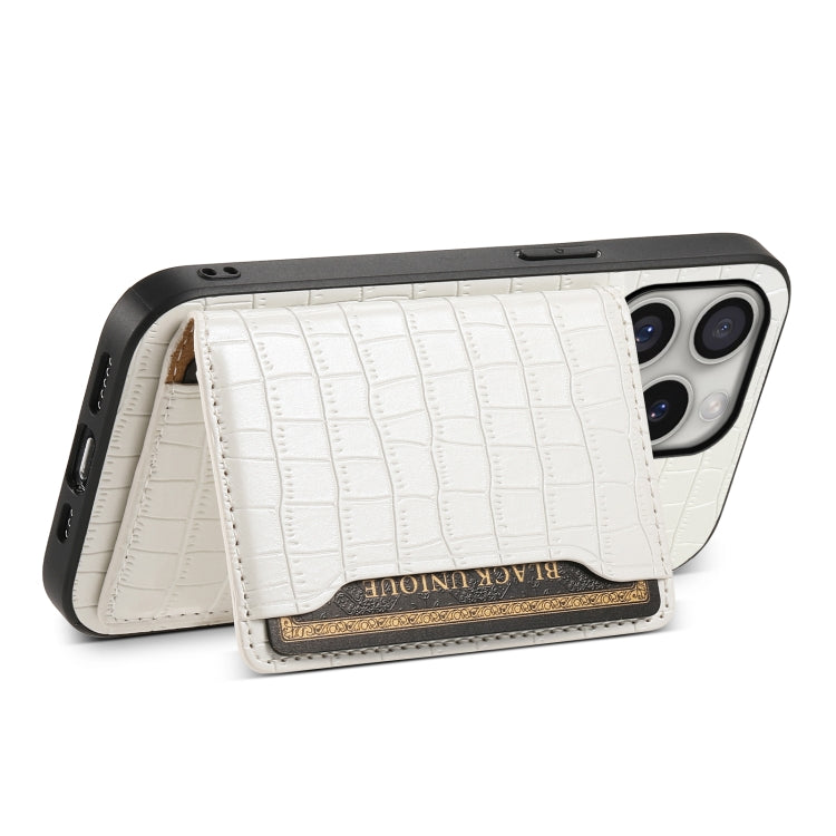 For iPhone 16 Pro Crocodile Texture Card Bag Design Full Coverage Phone Case(White) - iPhone 16 Pro Cases by buy2fix | Online Shopping UK | buy2fix
