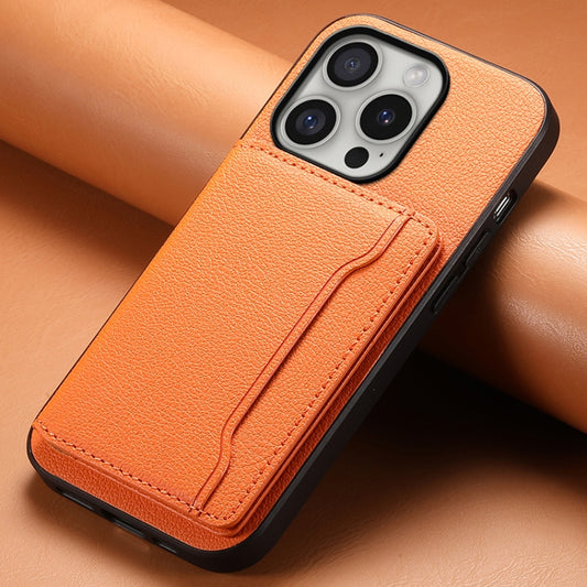 For iPhone 16 Pro Calf Texture Card Bag Design Full Coverage Phone Case(Orange) by buy2fix