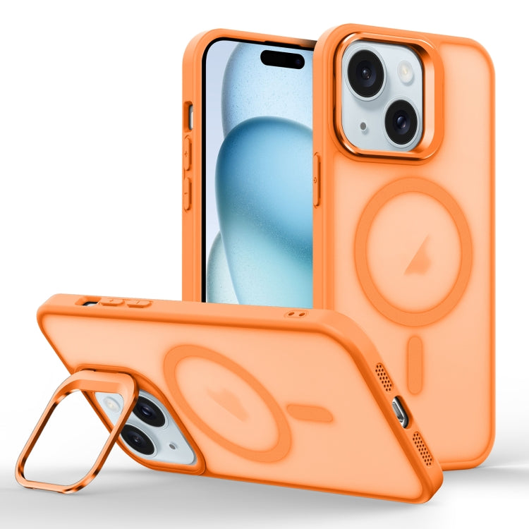 For iPhone 15 Plus Skin Feel Lens Holder Magsafe Phone Case(Orange) - iPhone 15 Plus Cases by buy2fix | Online Shopping UK | buy2fix