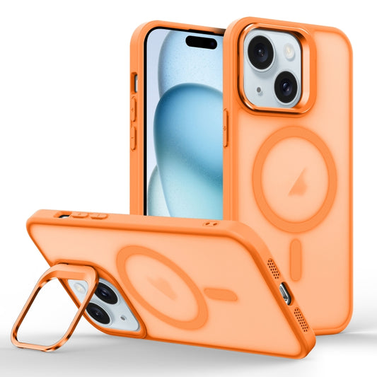 For iPhone 15 Plus Skin Feel Lens Holder Magsafe Phone Case(Orange) - iPhone 15 Plus Cases by buy2fix | Online Shopping UK | buy2fix