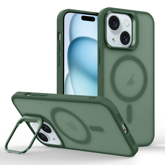 For iPhone 15 Skin Feel Lens Holder Magsafe Phone Case(Deep Green) - iPhone 15 Cases by buy2fix | Online Shopping UK | buy2fix