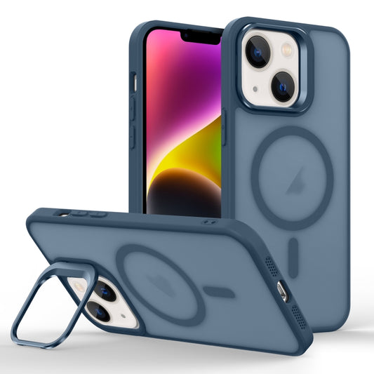 For iPhone 14 Plus Skin Feel Lens Holder Magsafe Phone Case(Dark Blue) - iPhone 14 Plus Cases by buy2fix | Online Shopping UK | buy2fix