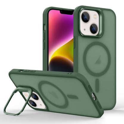 For iPhone 14 Skin Feel Lens Holder Magsafe Phone Case(Deep Green) by buy2fix