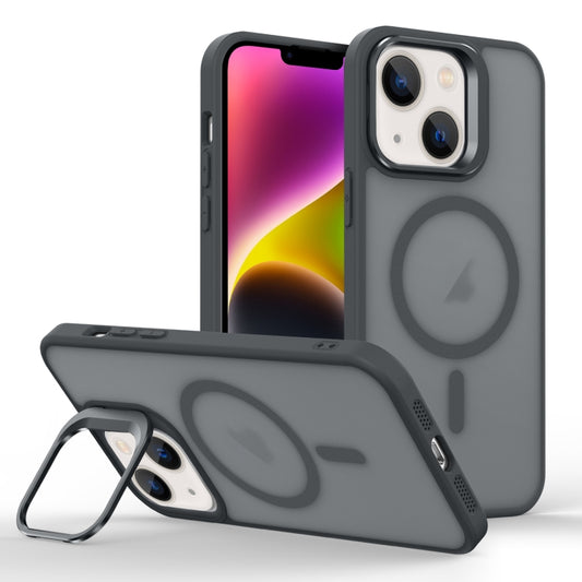 For iPhone 14 Skin Feel Lens Holder Magsafe Phone Case(Titanium Black) by buy2fix