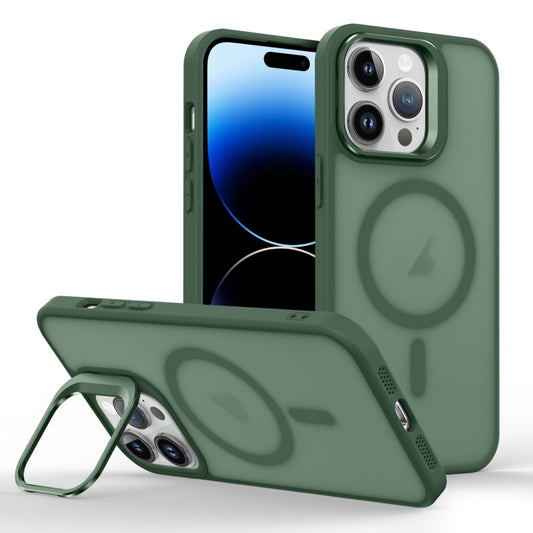 For iPhone 14 Pro Max Skin Feel Lens Holder Magsafe Phone Case(Deep Green) - iPhone 14 Pro Max Cases by buy2fix | Online Shopping UK | buy2fix