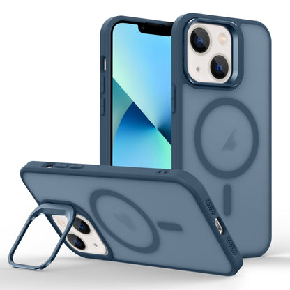 For iPhone 13 Skin Feel Lens Holder Magsafe Phone Case(Dark Blue) by buy2fix