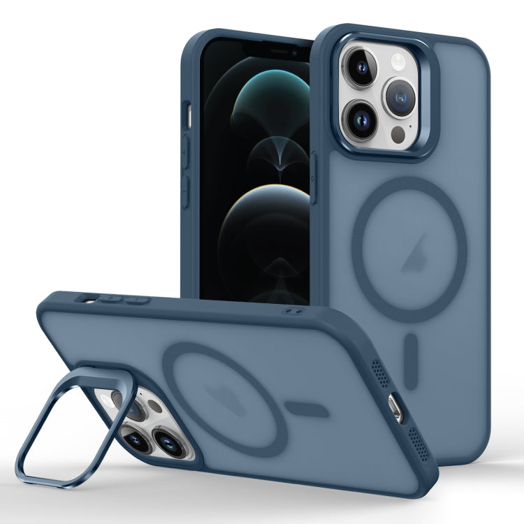 For iPhone 12 Pro Max Skin Feel Lens Holder Magsafe Phone Case(Dark Blue) by buy2fix