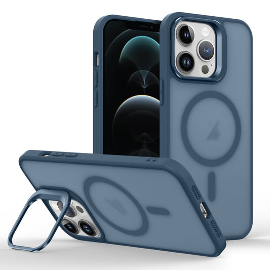 For iPhone 12 Pro Max Skin Feel Lens Holder Magsafe Phone Case(Dark Blue) by buy2fix