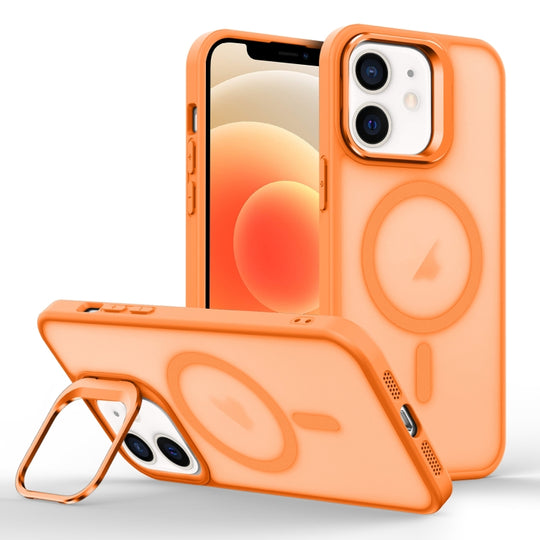 For iPhone 12 mini Skin Feel Lens Holder Magsafe Phone Case(Orange)