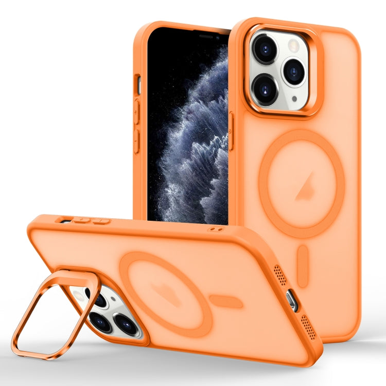 For iPhone 11 Pro Max Skin Feel Lens Holder Magsafe Phone Case(Orange) by buy2fix