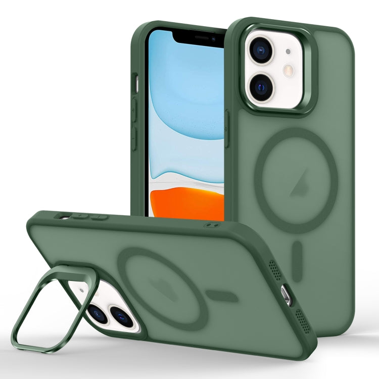 For iPhone 11 Skin Feel Lens Holder Magsafe Phone Case(Deep Green) by buy2fix